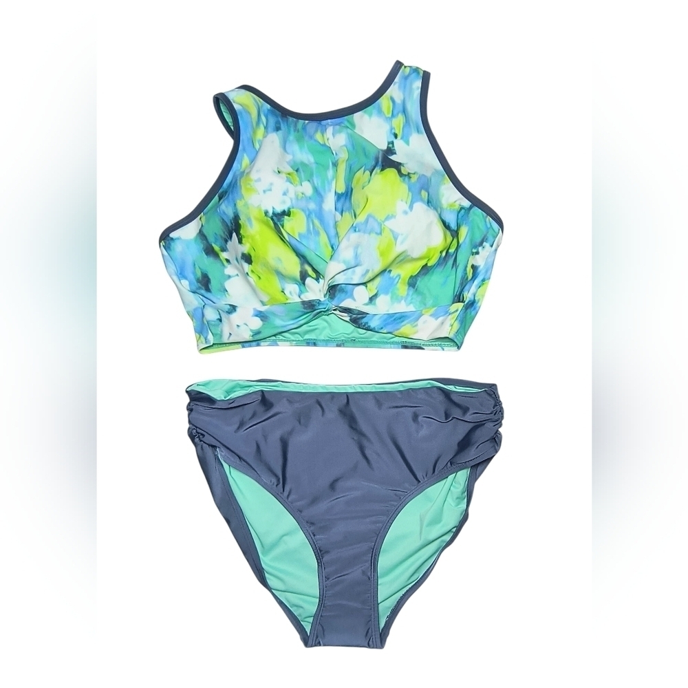Free Country Athletic Beach Blue & Green Bikini with Racerback Design L NWT